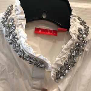 Beautiful rhinestone neck cotton blouse